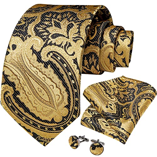 Image of DiBanGu Mens Paisley Tie Sets Silk Jacquard Woven Floral Necktie and Pocket Square Cufflinks Wedding Business Party