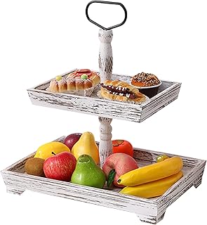 Auch 2 Tier Wood Tiered Tray, 2 Tiered Tray Farmhouse, White Tiered Tray for Rustic Home Sweet Home Kitchen Decor for Valentine's Day Halloween Christmas Easter (2 Tier Rectangle Tray)