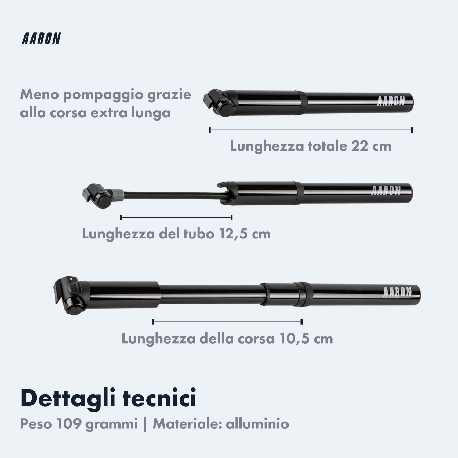 AARON Pocket One Mini pompa per bicicletta per tutte le valvole - Pompa ad aria compatta adatta a tutti i telai - Pompa manuale per viaggi con kit di gonfiaggio gratuito - Pompa a ruota in nero/grigio