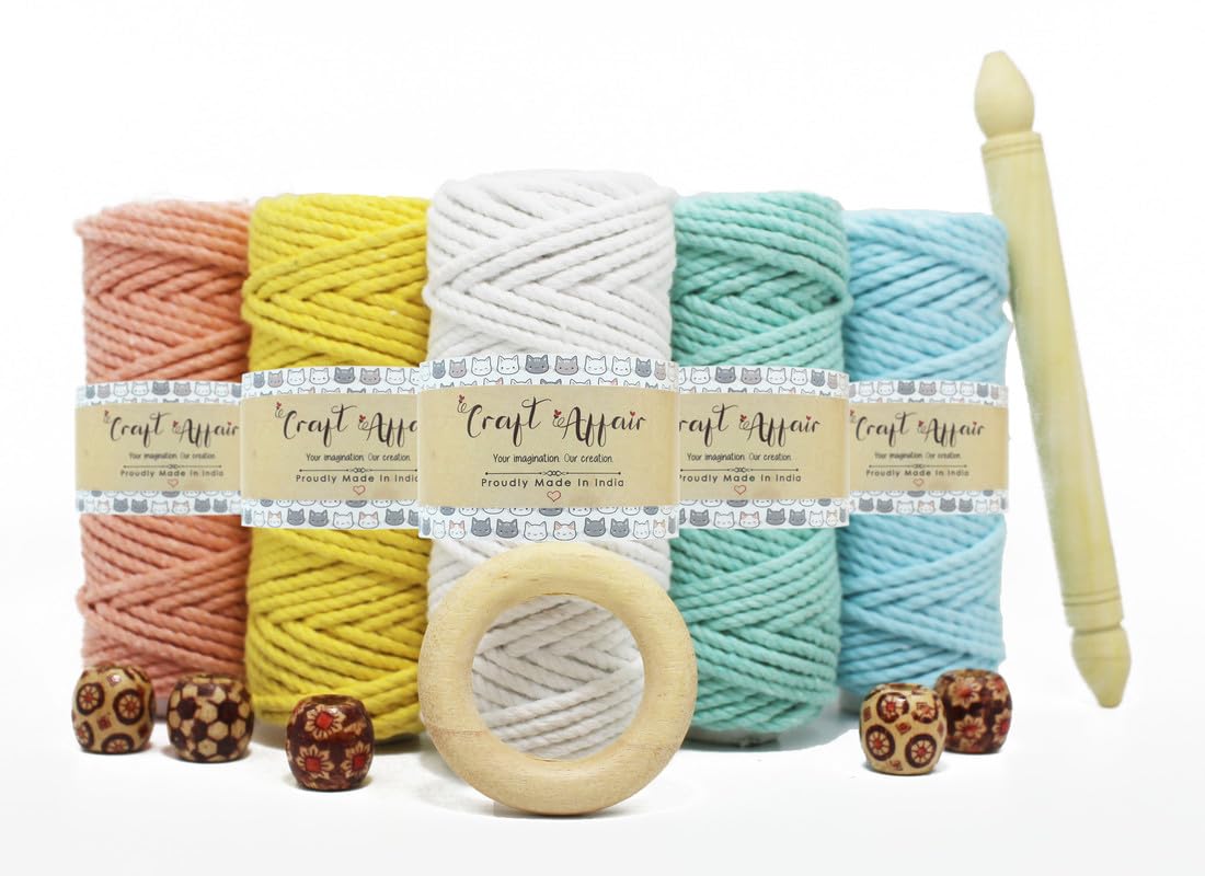 Craft Affair | 3ply Twisted Cotton Macrame Kit/Combo (Each Color 10 Meter, 3mm) | Get Free Wooden Dowel, Ring, Beads | Craft, DIY, Wall Hanger| Baby Pink, Mint, Mustard, Peach, Water Blue-image-10