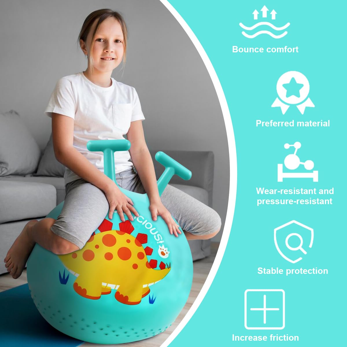 Pelota de salto para niños, pelota de saltar de dinosaurio con mango en forma de T, capacidad de carga de 80 kg, juguete para exteriores a partir de 2 años, con bomba (verde)