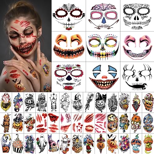 3D Halloween Visage Tatouage Temporaire pour Hommes Femmes, Crâne Squelette Masque Maquillage Faux Tatouage Autocollant, Fantôme Sorcière Citrouille Lanterne Chauve-Souris Civette Chat Petit Tatouage