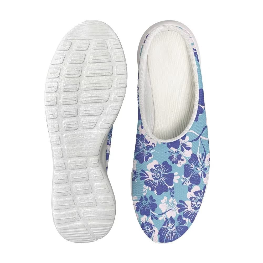 GIFTPUZZ Womens Backless Sneakers Mesh Slip-on Shoes Breathable Slippers Lightweight Daily Shoes Beach Aqua Footwear Athletic Sports Shoes (Blue Flower) 11