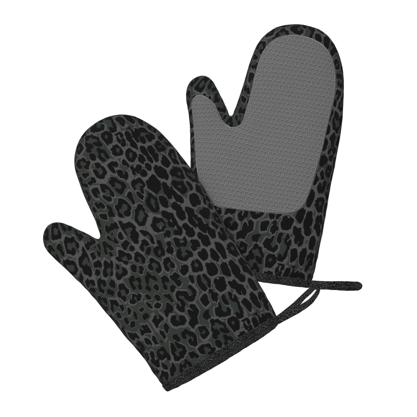 Juego de Cuatro Piezas de Guantes y Manoplas Resistentes al Calor para Hornear, Guantes de Cocina Antideslizantes, Manoplas para Horno, Estampado de Leopardo Negro sin Costuras.