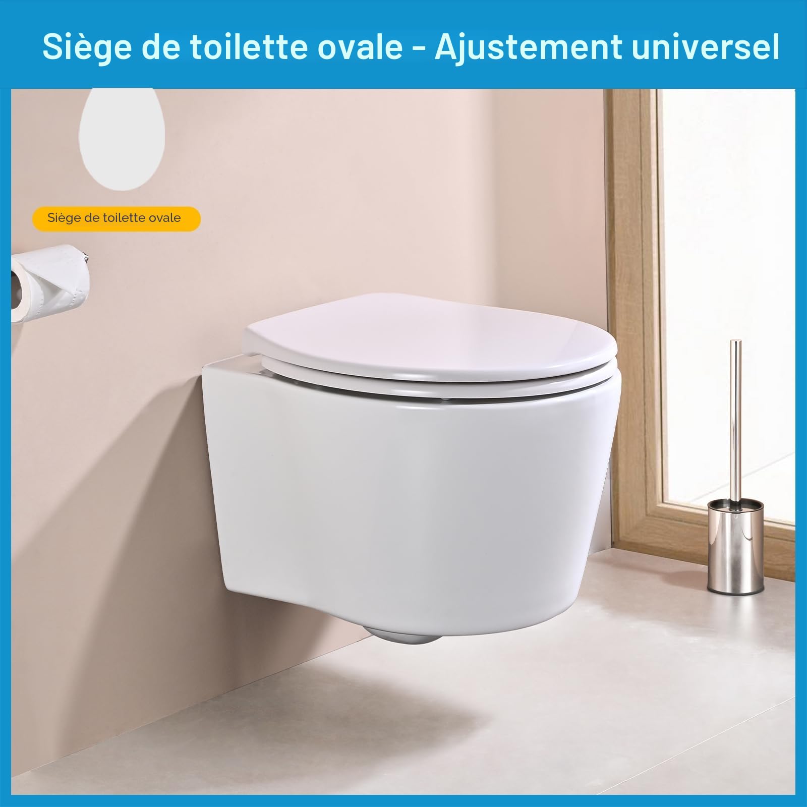 Abattant WC Universel Forme O avec Frein de Chute, 44,6 x 37,2 x 5,2 cm, Blanc, 150 kg