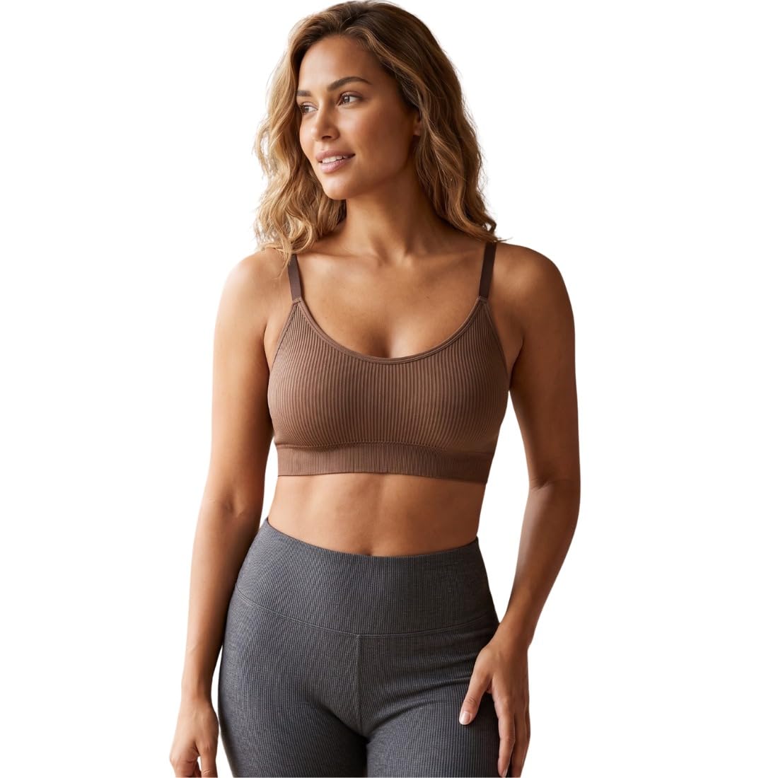 Women's Seamless Ribbed Sports Bra | Wireless Padded Bralette | Soft Stretch Everyday Comfort Bra | White Activewear Crop Top (in, Numeric, 28, B, 32, Regular, Brown)-picture-32