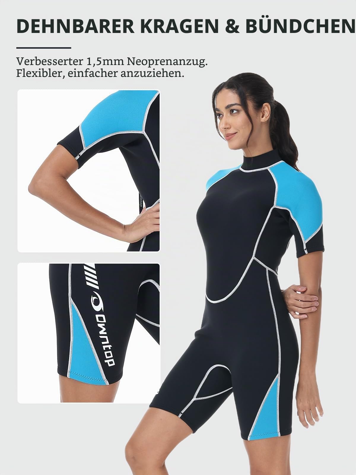 Owntop 1,5mm Shorty Neoprenanzug Damen Herren Kurz - Rücken-Reißverschluss Wetsuit zum Tauchen Surfen, Kurzarm Taucheranzüge Stretchen Neopren für Wassersport, Damen Blau XXL
