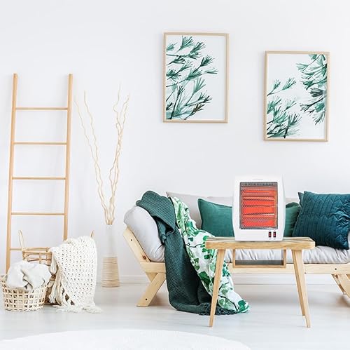 Weißer Ofen mit 2 Quarzstäben, Kippschutzsystem und Leistungsstufen von 400-800 W. Ideal zum effizienten und sicheren Beheizen von Räumen.