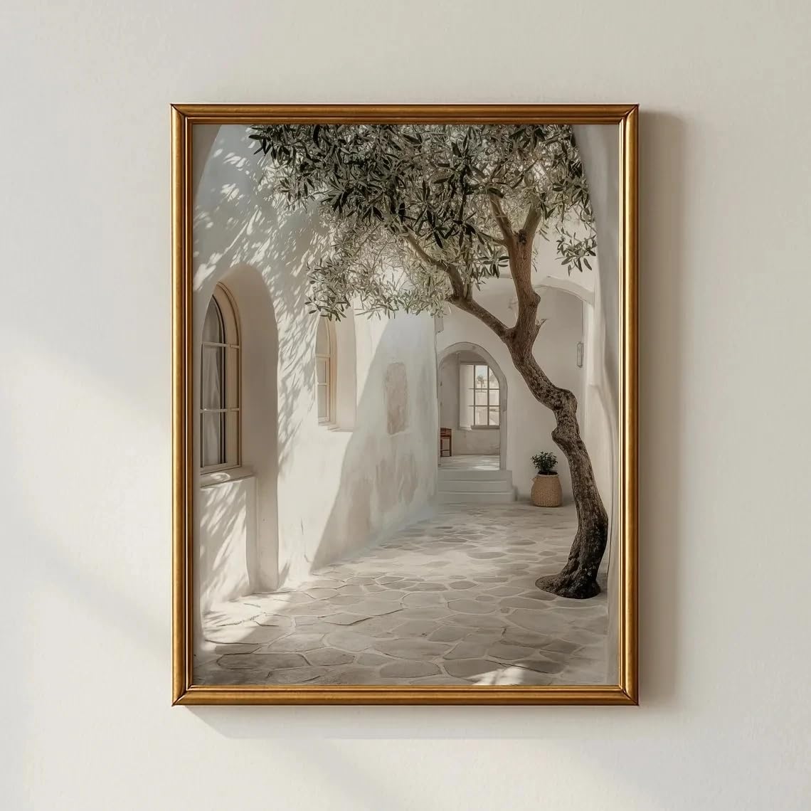 SDVIB Olive Tree Canvas Prints And Posters Mediterranean Courtyard Greek Island Wall Art Picture for Home Decor Artwork(60x80cm/Frameless)