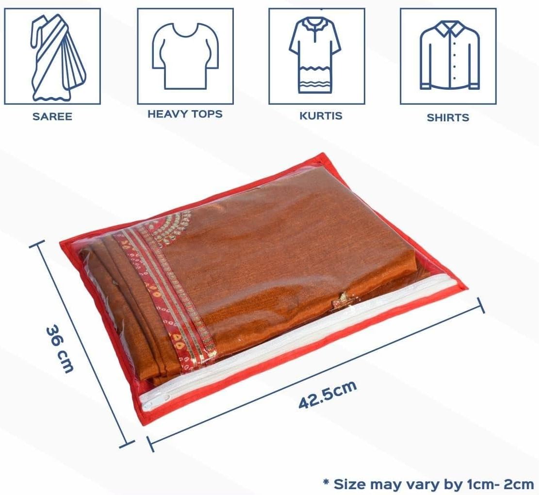 Single Saree Cover/Suit Packing 12 Piece Transparent Flower Cloth Packing Bag Organizer for Wardrobe Storage or Wedding Gifting ., Red, 37 cm x 2 cm x 43 cm, Travel Accessories