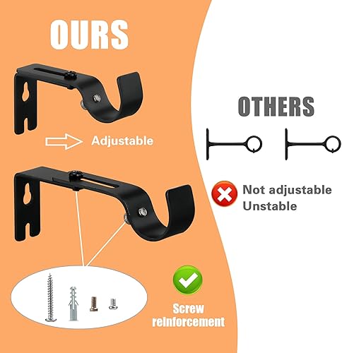 Miniatura 5 de Barras de cortina ajustables de 1 pulgada, juego de barras de cortina decorativas de 34 a 52 pulgadas con soporte, barra de cortina negra resistente