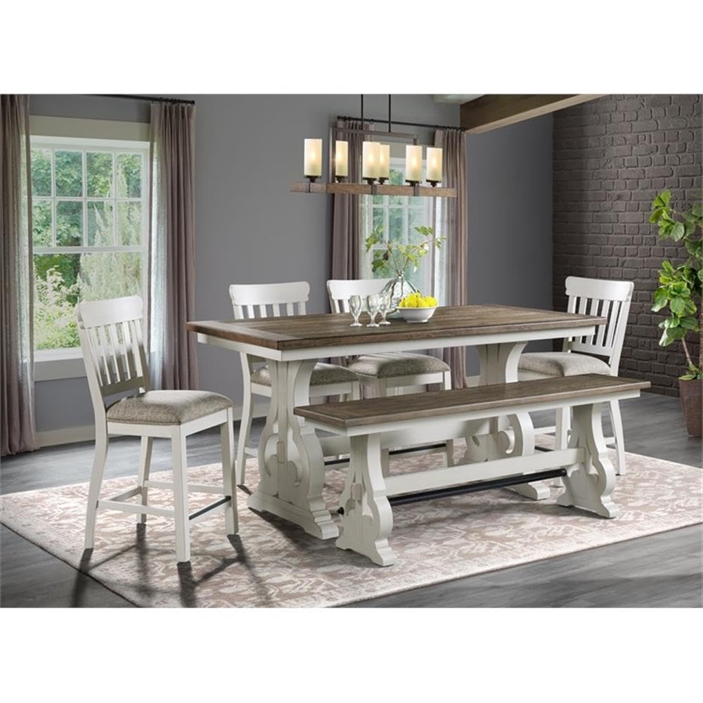 Pemberly Row Wood Counter Height Backless Bench, 68 in Wide, Rustic Knotty Oak Veneer and Hardwood, Two-Toned White/Oak Finish, Side Stretchers, Kitchen Dining Room Seating