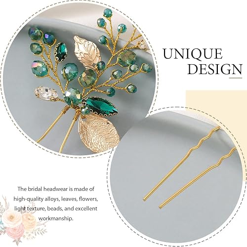 Miniatura 6 de Latious Pinzas para el cabello de hoja de novia de boda, estilo vintage, dorado, verde esmeralda, cristal para novia, diamantes de imitación,