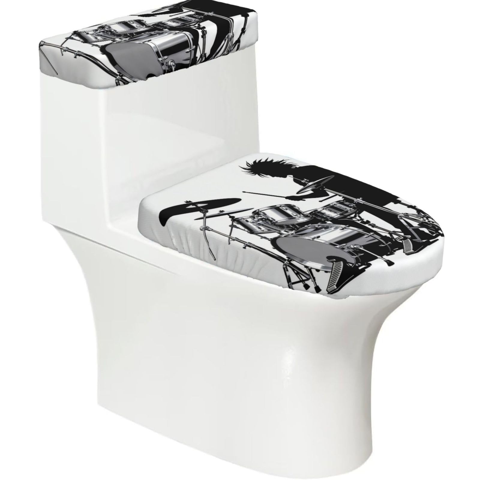 Drum Set Silhouette Elastic Toilet Cover Set of 2-Stretchy Lid and Tank Covers for Bathroom, Soft Washable U Shape Toilet Decor