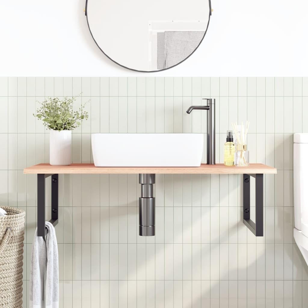 Piano per lavabo in legno di rovere massiccio con supporto in acciaio, 100 x 60 cm, portata fino a 100 kg, salvaspazio per bagno, mobile da bagno, mensola