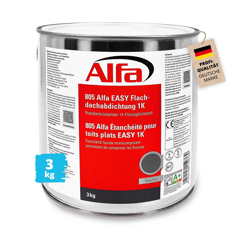 Alfa Flachdachabdichtung 3 kg Flüssigkunststoff für Dach – Garagendach | Profi Qualität – Gebrauchsfertiger Flüssigkunststoff für Flachdächer, Garagen und Carports, UV-beständig und rissüberbrückend