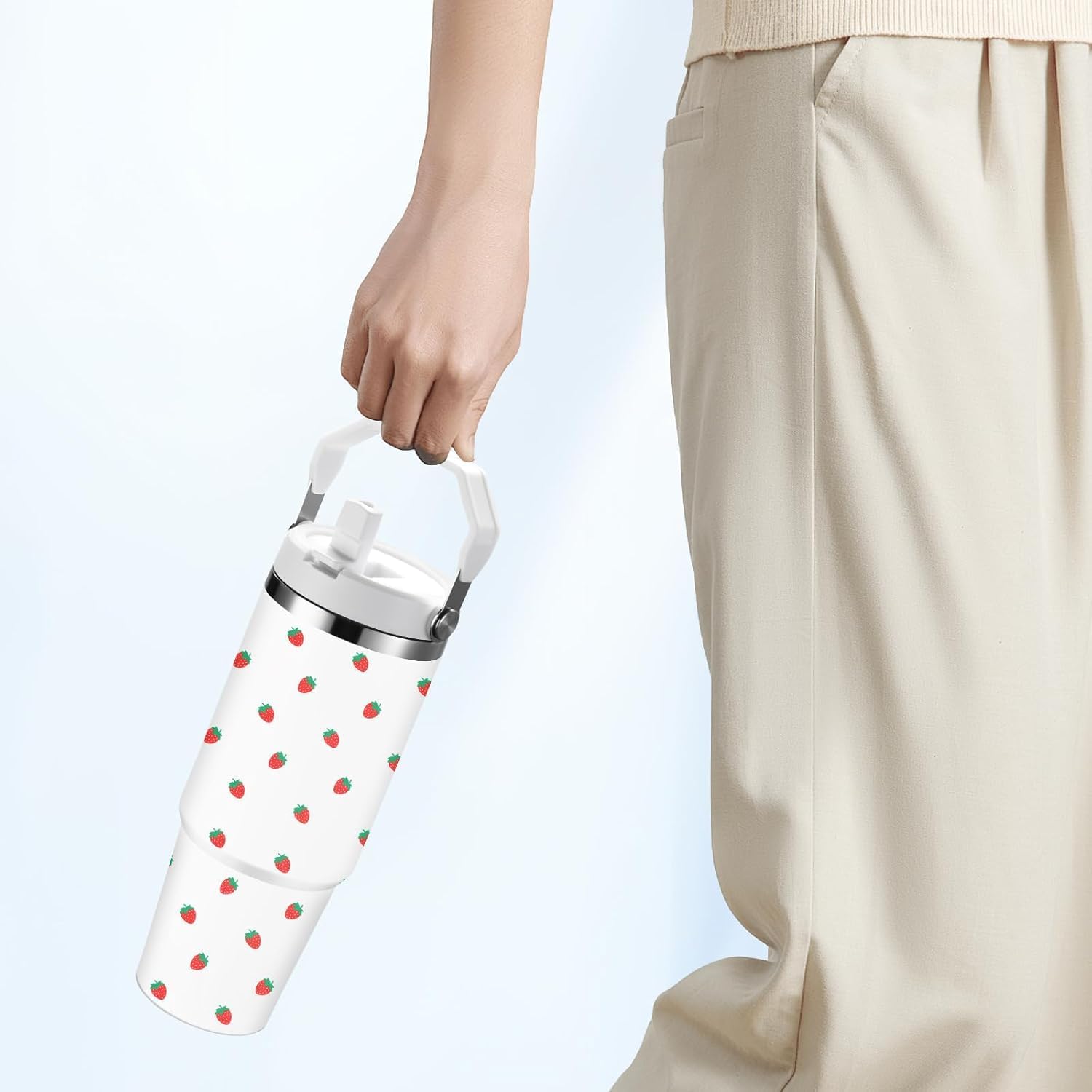 FOLAI Stainless Steel Insulated Water Bottle (4 pack), 30Oz Leak Proof Sublimation Tumblers for Hot Drinks with Wide Mouth Lids, BPA Free, Sport Bottles for Gym, Travel(Strawberry + Floral Pattern)