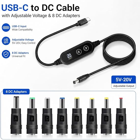 USB-C to DC Adapter 60W PD 5V-20V Multi-Voltage Laptop Charger Cable