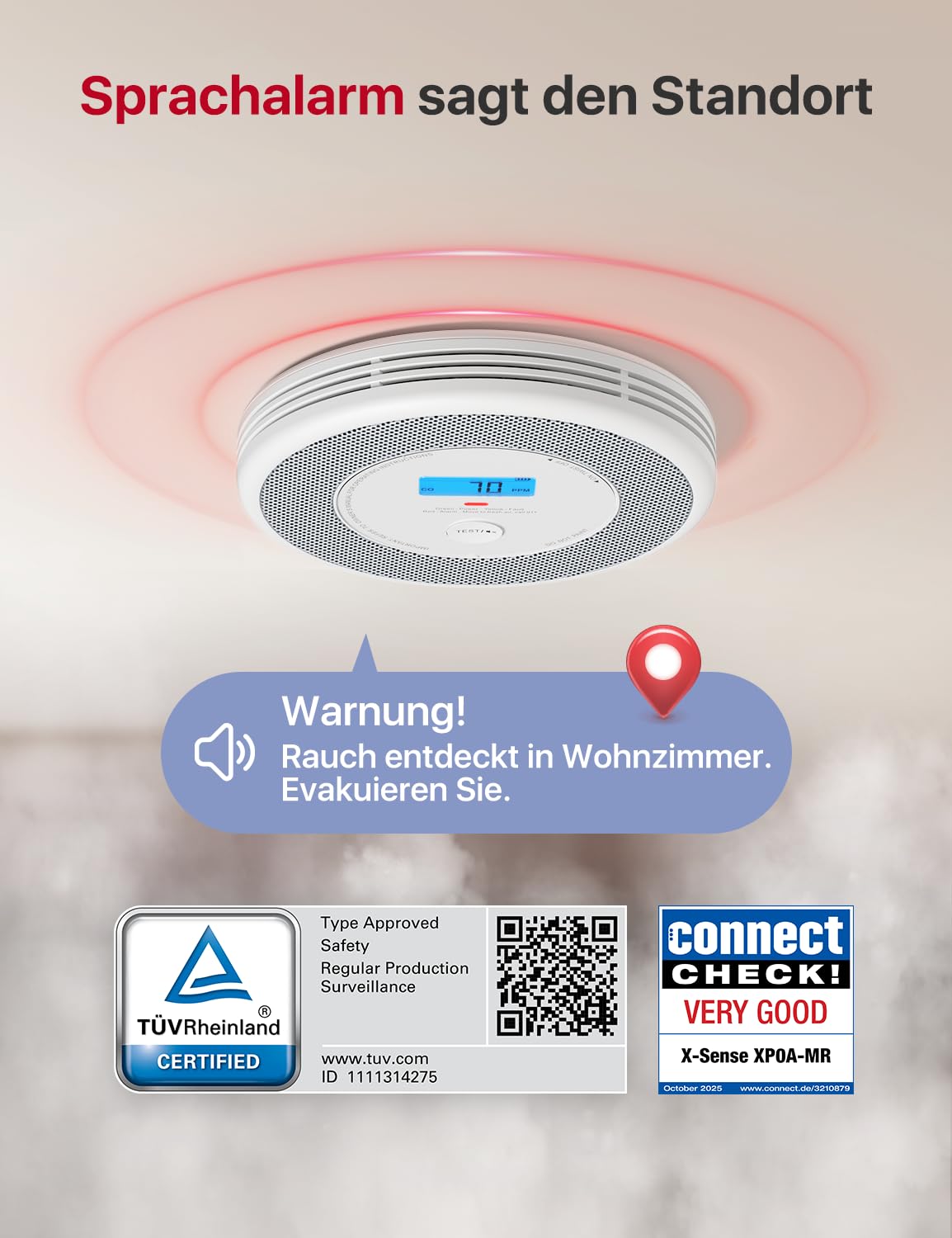 X-Sense Rauch und CO Melder mit Sprachalarm und Standortansage XP0A-MR11 Kits 30 mm