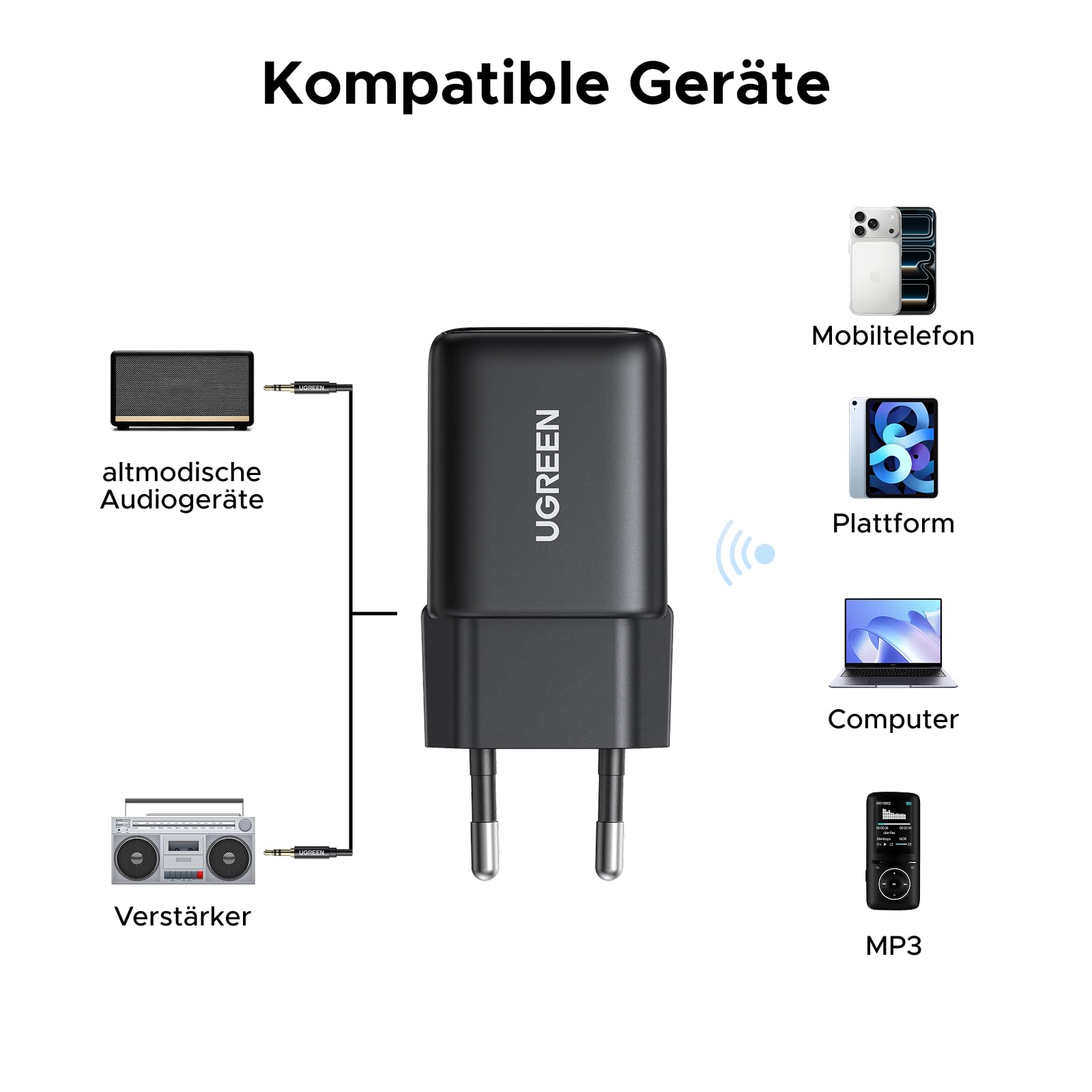 UGREEN Hi-Res Bluetooth 6.0 Adapter mit LDAC, Plug und Play Bluetooth Empfänger, 3,5 mm AUX Adapter für Stereoanlage, Verstärker und Lautsprecher, 10 m Reichweite mit geringer Latenz