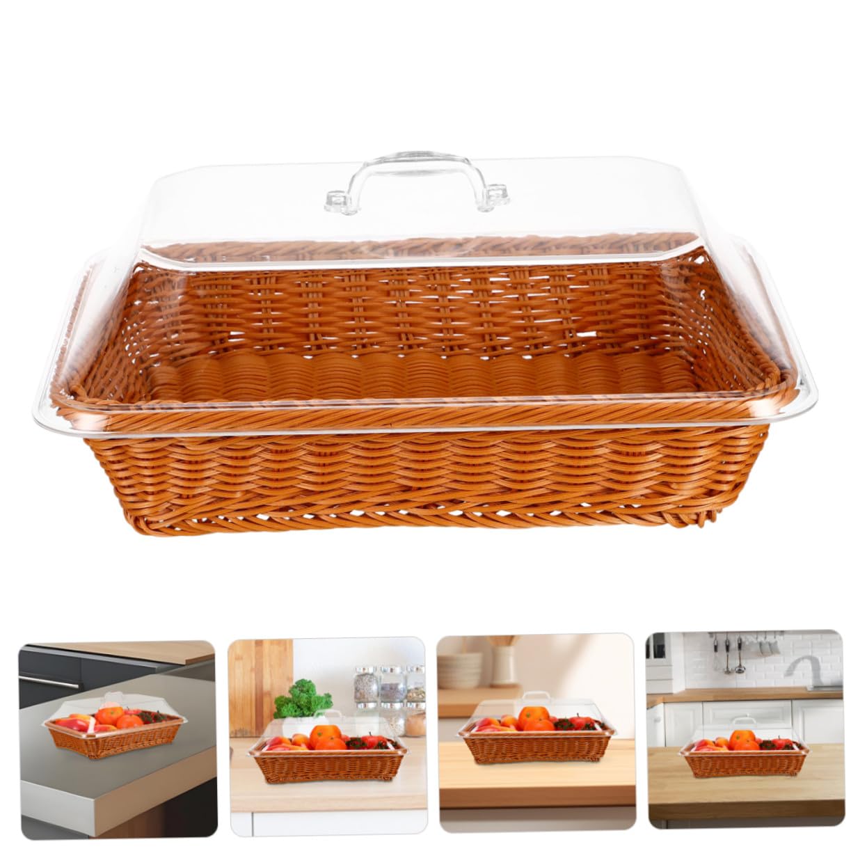 Cesta de Almacenamiento de Ratán Tejida Mano con Tapa Cesta Multifuncional para Pan y Frutas Organizador para Cocina Comedor y Picnic Color Marrón