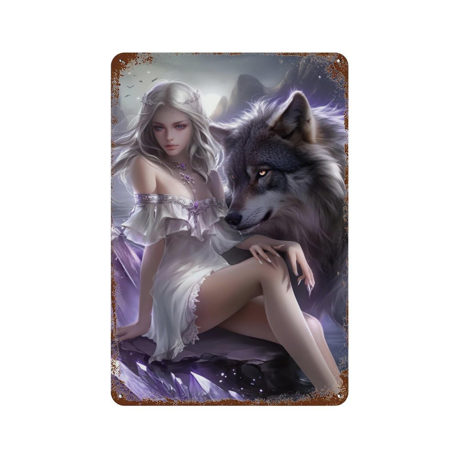Fantasy Wolf And Goddess Artwork Distressed Metal Wall Sign 11.8"x7.9", Rustic Home Decor for Living Room, Hallway And Home Decor