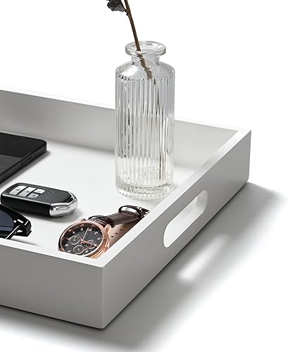 Miniatura 2 de Bandeja de madera blanca con asas, bandeja organizadora cuadrada de encimera de 12 x 12 x 2 pulgadas de alto, bandejas decorativas para cosméticos