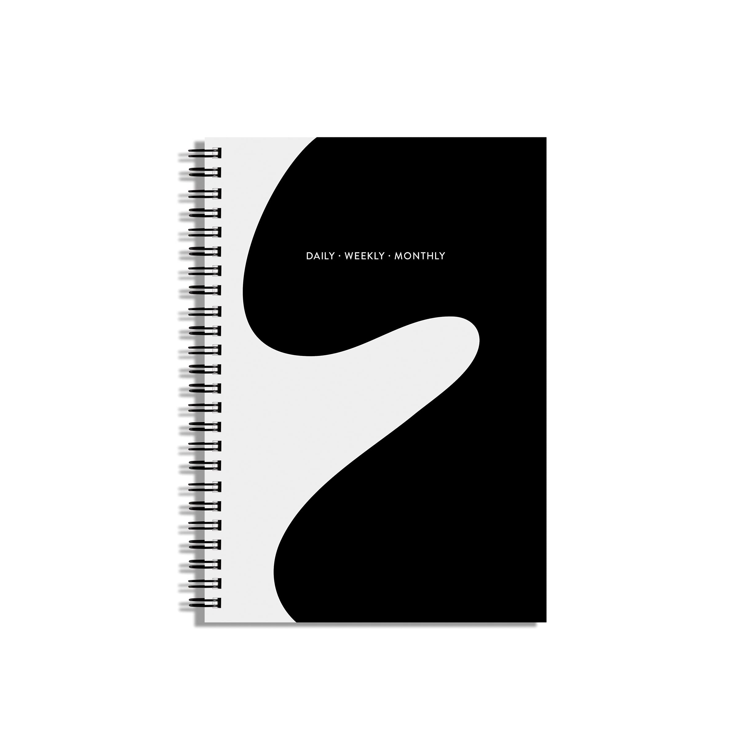 Poketo Daily Weekly Monthly Planner Small Curves, Black and White, Open-Dated 12 Months, Spiral Bound, 8.5" x 6"