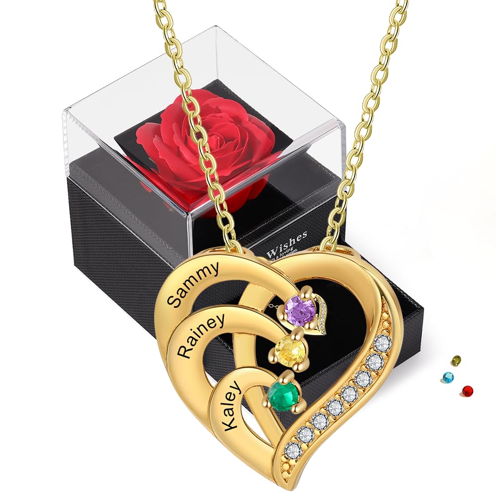 lorajewel Rosa Eterna Caja con Collar Plata 925 - Corazón Collar Personalizado para Mujer con Nombre Piedra natal - Regalo para Navidad, San Valentín, Día de la Madre,Cumpleaños