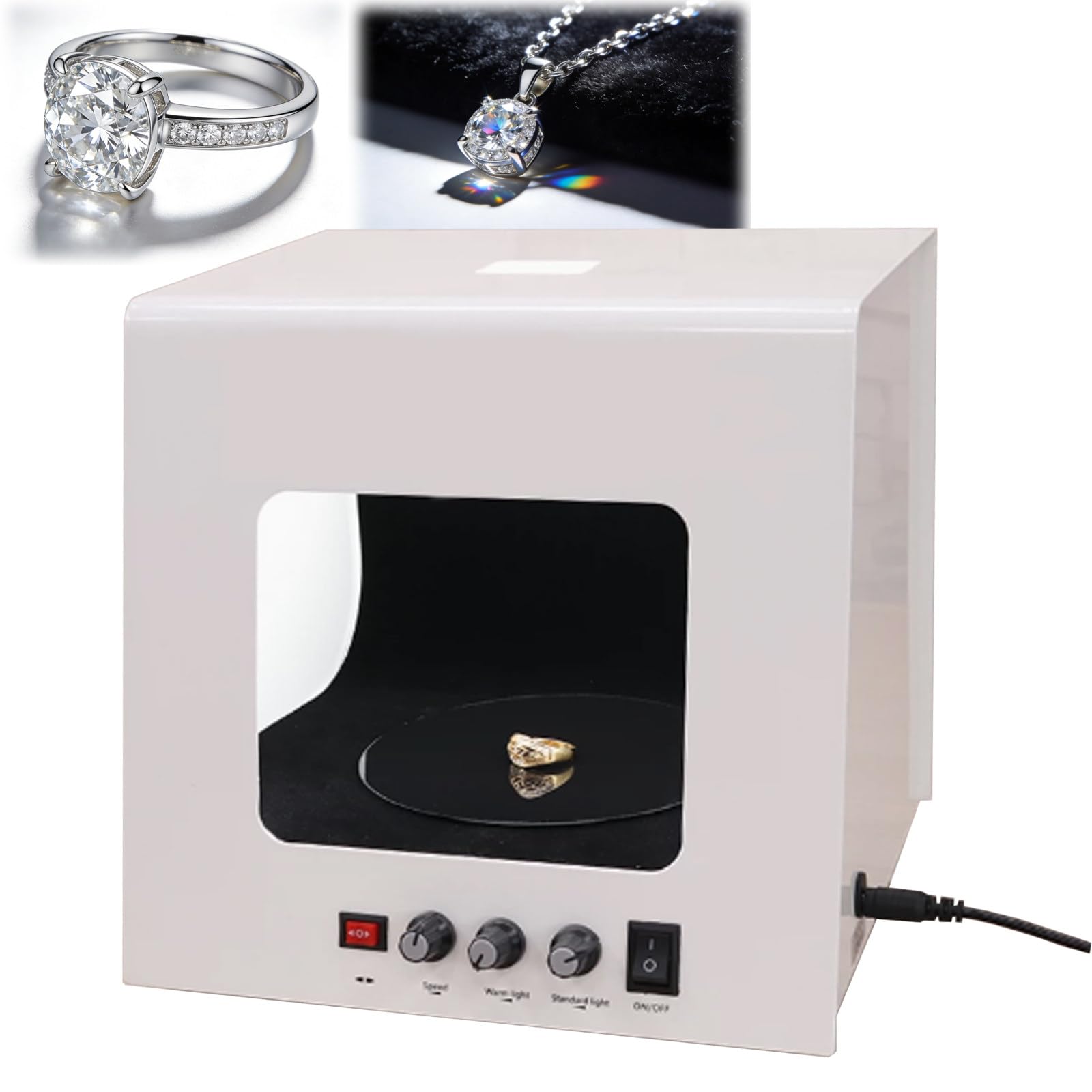 Caja de Luz para Joyas Caja de Luz Fotografía,4 Led CRI>92,Alimentación Segura 12V,Apertura Superior para Brillo,para Artesanos de Joyas y Vendedores Particulares White+Black-20cm