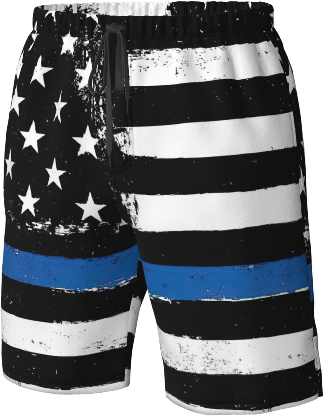 Retro Blue Thin Line USA Flag Print Men's Hawaiian Beach Shorts Elastic Novelty Summer Casual Shorts with Pocket