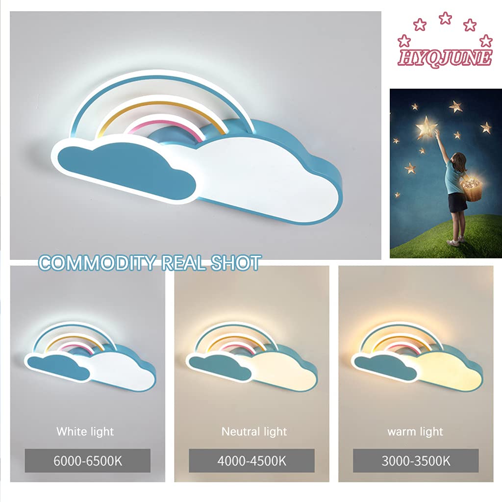 Luz de techo led lámpara para habitación niños dibujos animados modernos nubes blancas arco iris niños niñas luz techo pantalla acrílico control remoto dormitorio bebé lámpara sala estar,Azul,50cm