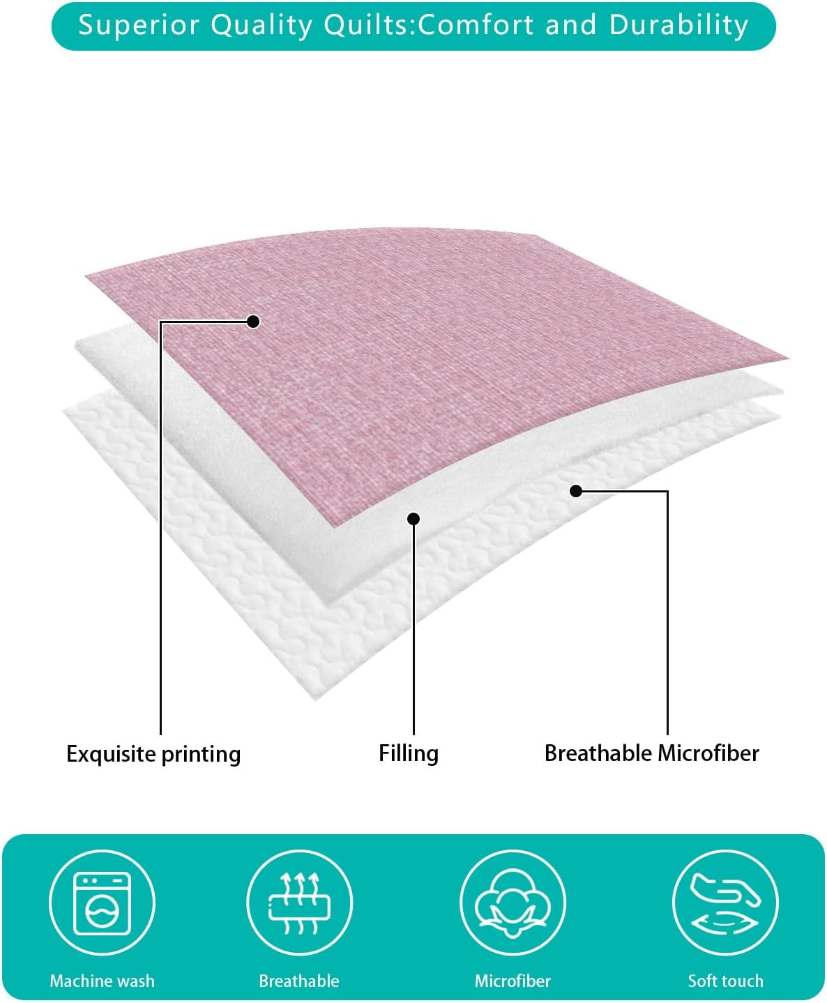 King Size Quilt Set, Pink Retro Linen Lightweight Bedspread Coverlet Set Soft Microfiber Summer Quilt with 2 Pillow Shams, Minimalist Style 3 Piece Comforter Bedding Set