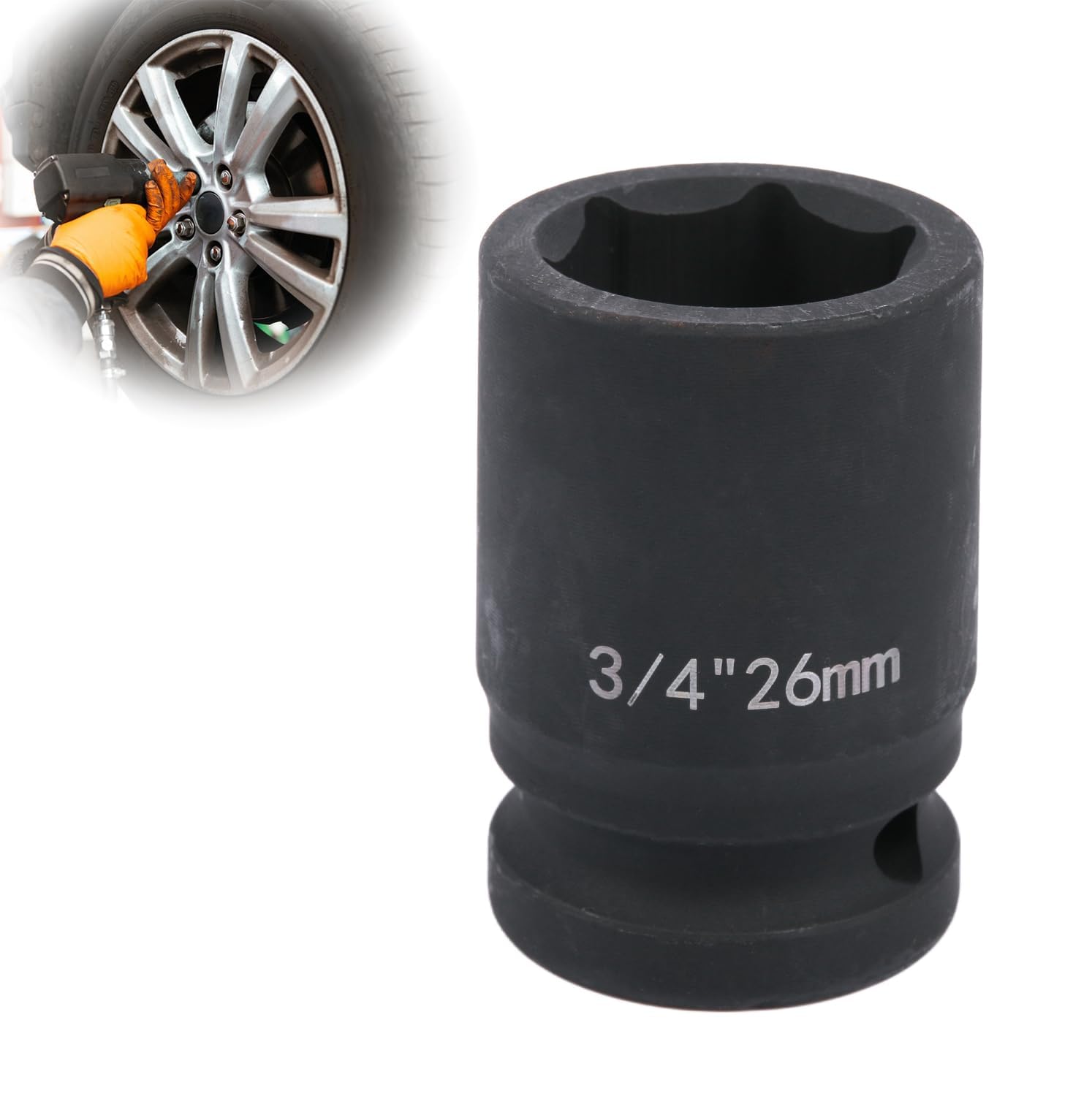 Deep 6-Point Impact Socket 3/4" Drive 26mm,Chrome Molybdenum Steel, Anti-Rust Metric Hex Socket for Car Repairs and Impact Wrench