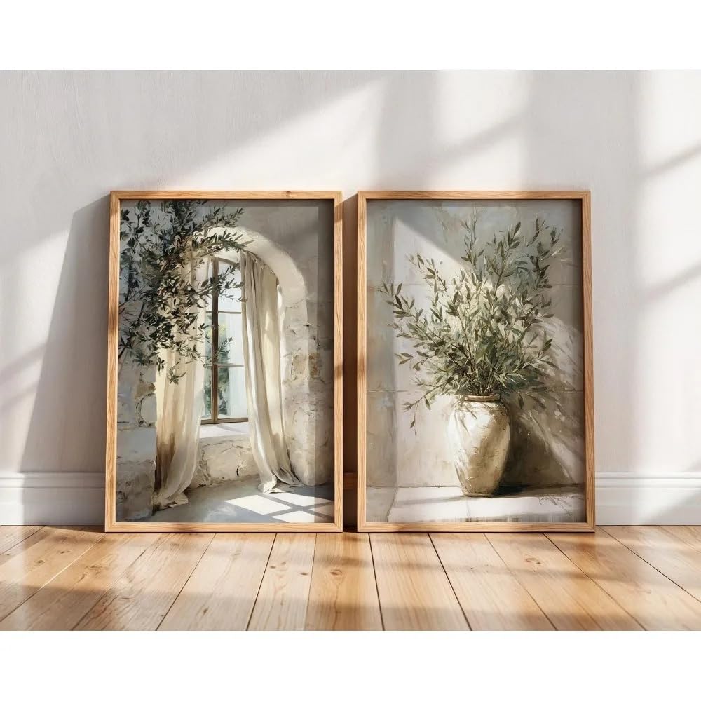 Dittelle Mediterranean Olive Tree Prints,Bohemian Neutral Coast Villa Art Printing,Living Room Bedroom Wall Art Decoration(40x50cm/2PCS Frameless)