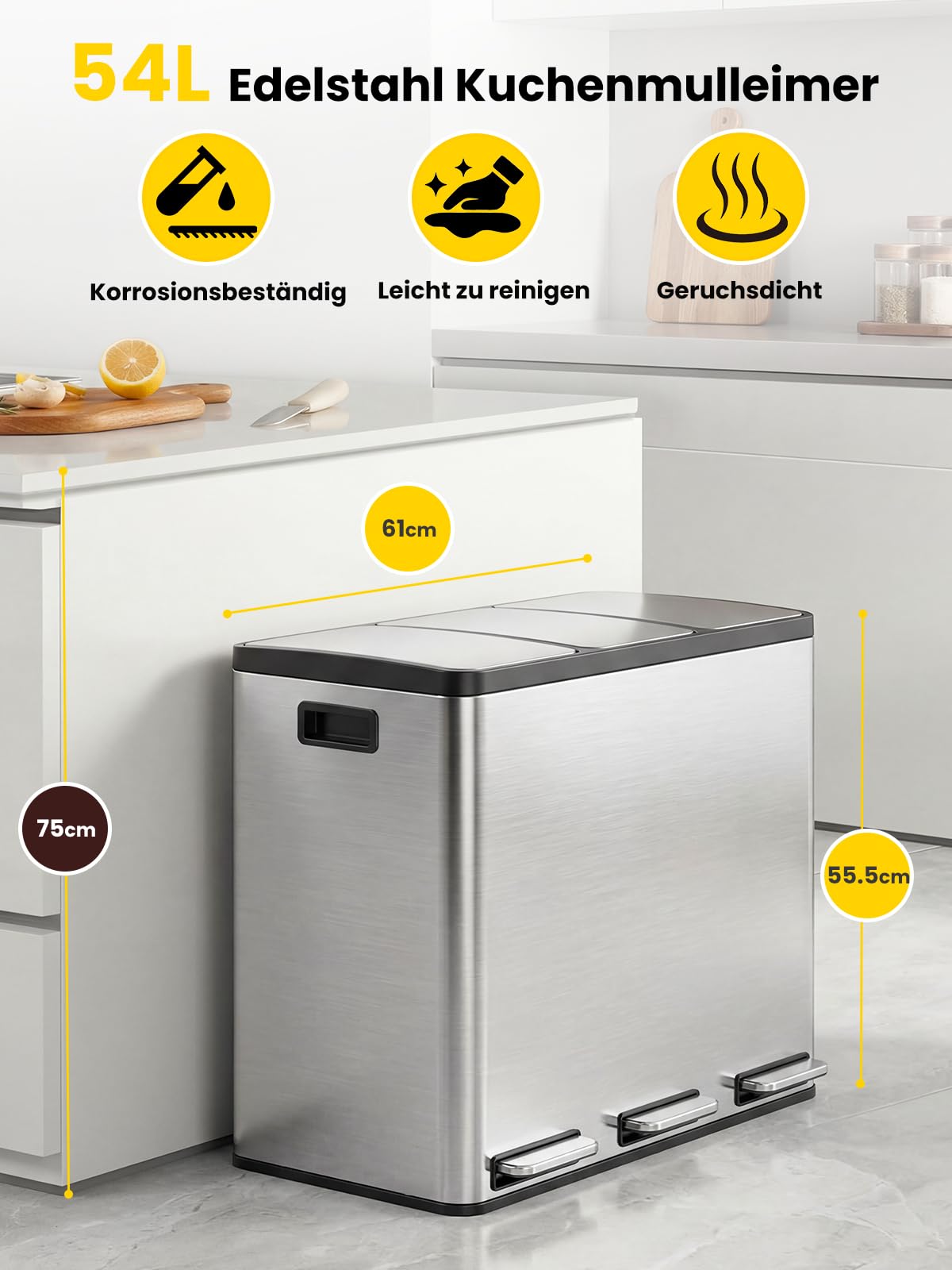 YEAUPE PRO Poubelle Cuisine 3x18L à Pédale, 54L Inox Poubelle Tri Sélectif 3 Compartiments, Triple Ouverture Indépendante, Soft Close Silencieux, Bacs Amovibles, 15 Sacs Inclus