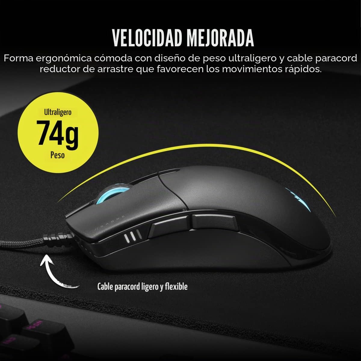 Corsair SABRE RGB PRO CHAMPION SERIES Ratón para Juegos, Forma Ergonómica para eSports, Peso ligero de 74 g, Cable Flexible Paracord, Botones CORSAIR QUICKSTRIKE con Clic Inmediato, Negro