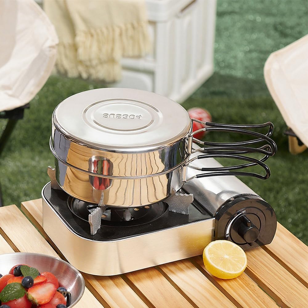 Kit De Casseroles De Camping, 9 Pièces, Casserole Empilable Camping,Popote De Camping INOX, 2-3 Personnes, Casseroles Et Poëles De Camping, pour Pique-Nique, Camping, Randonnée