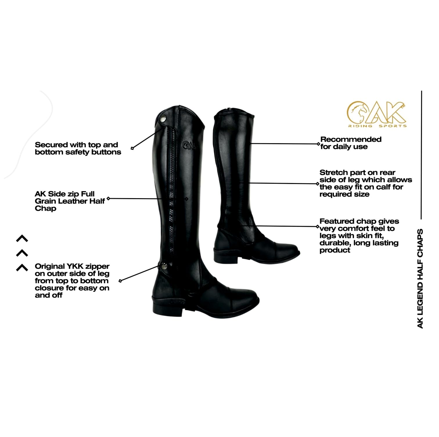 AK Demi-jambières d'équitation en cuir pleine fleur avec fermeture éclair latérale pour un ajustement parfait