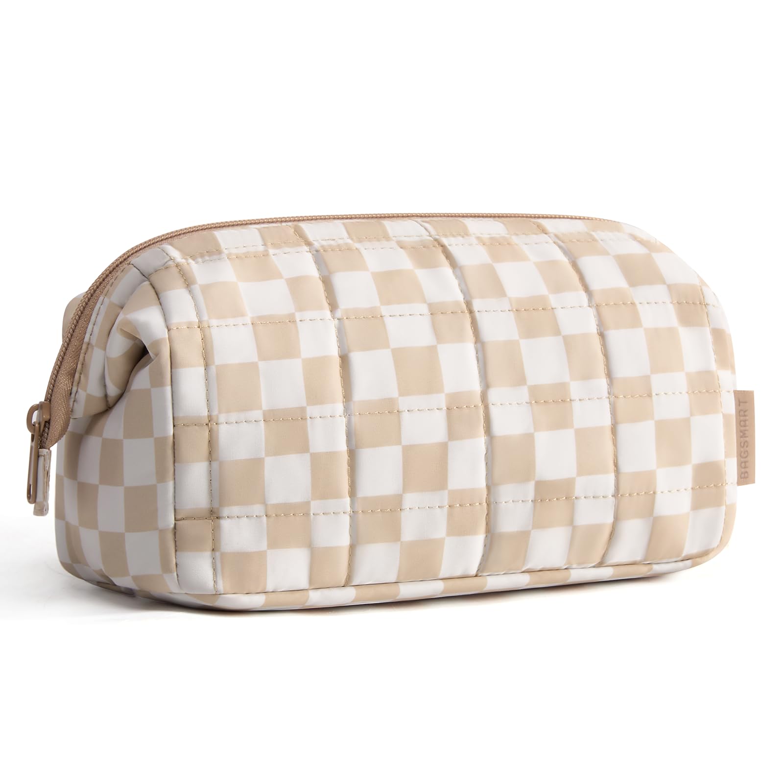 BAGSMART Make Up Tasche Schminktasche Klein Kosmetiktasche Damen, Reise Kulturbeutel, Reiseutensilien, Weit Zu öffnende Tasche Makeup Bag, Khaki Kariert​