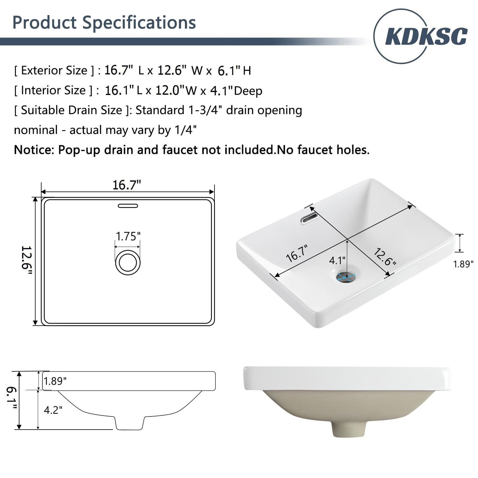 Fregadero de baño de 16.7 x 12.6 pulgadas, semi empotrado, fregaderos de baño rectangulares con desbordamiento de cerámica blanca para baño, fregadero moderno sobre mostrador 5