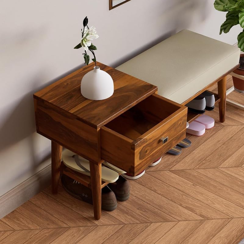Image of VK Furniture Solid Sheesham Wood Shoe Rack with 1 Drawer Storage | Wooden Large Size Shoe Cabinet with Cushion Seating for Home, Living Room, Hotel, Enteryway (Honey Finish)