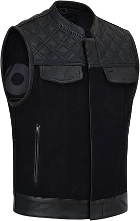 Mens Hybrid Motorcycle Full Grain Leather and Bull Denim Heavy Duty Vest