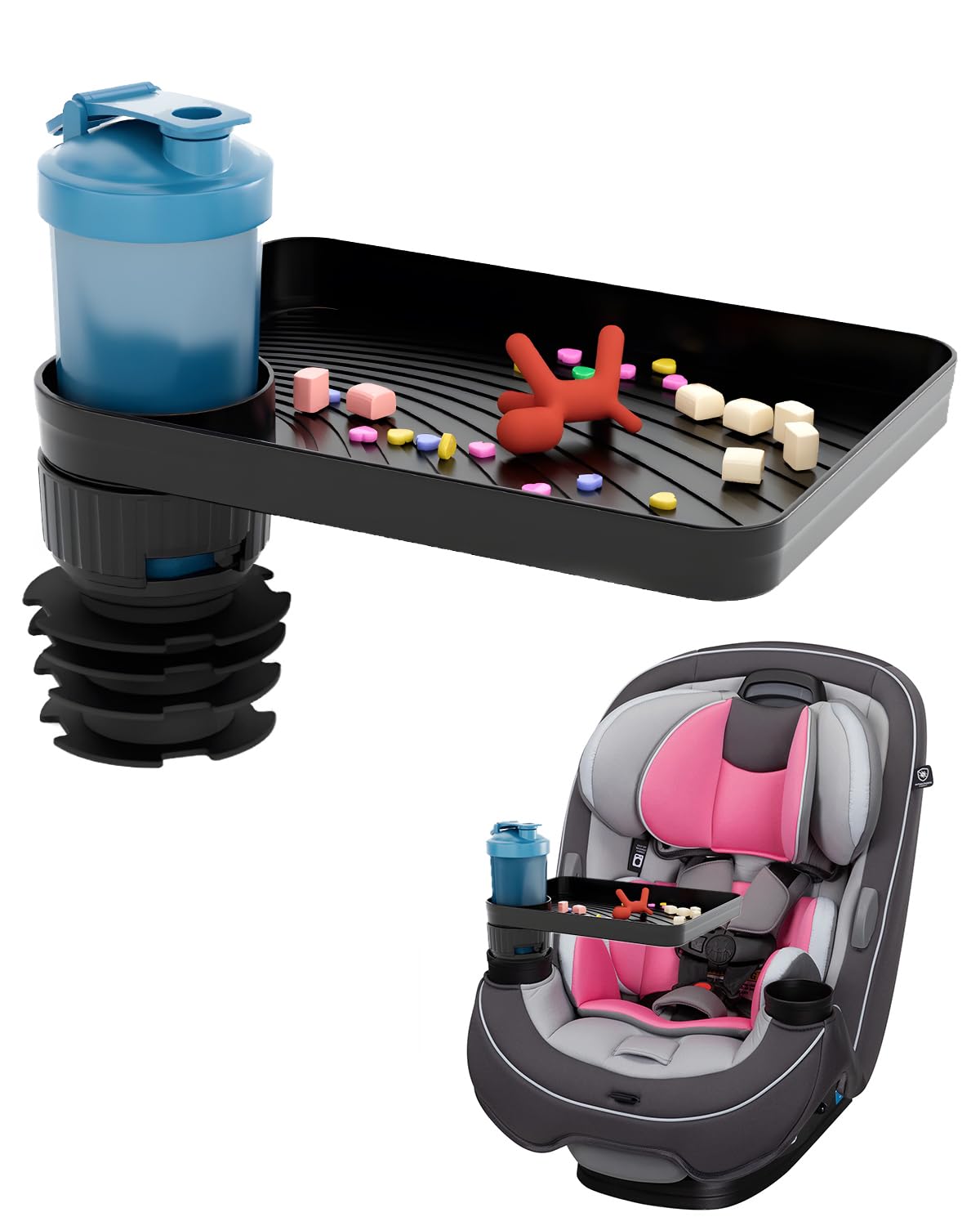 SEVEN SPARTA Car Seat Tray for Kids Toddler Travel with Soft Rubber Base, Rotatable and Removable Cup Holder Snack Tray for Food Color and Play for
