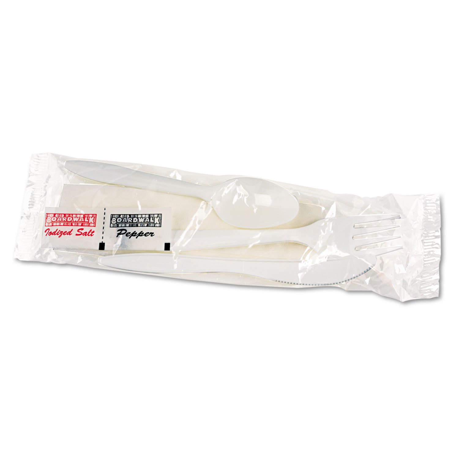 Boardwalk 6KITMW Cutlery Kit, Plastic Fork/spoon/knife/salt/pepper/napkin, White, 250/carton