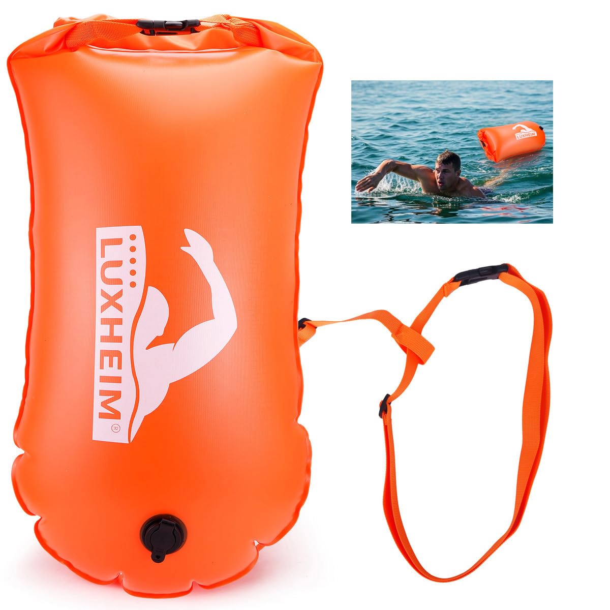 28L Schwimmboje Trockensack mit Doppelairbag, Aufblasbare Schleppschwimmer Boje für Erwachsene Freiwasser Open Water, Gut Sichtbar bis 900 Meter für Schwimmen, Triathlon, SUP, Schnorcheln