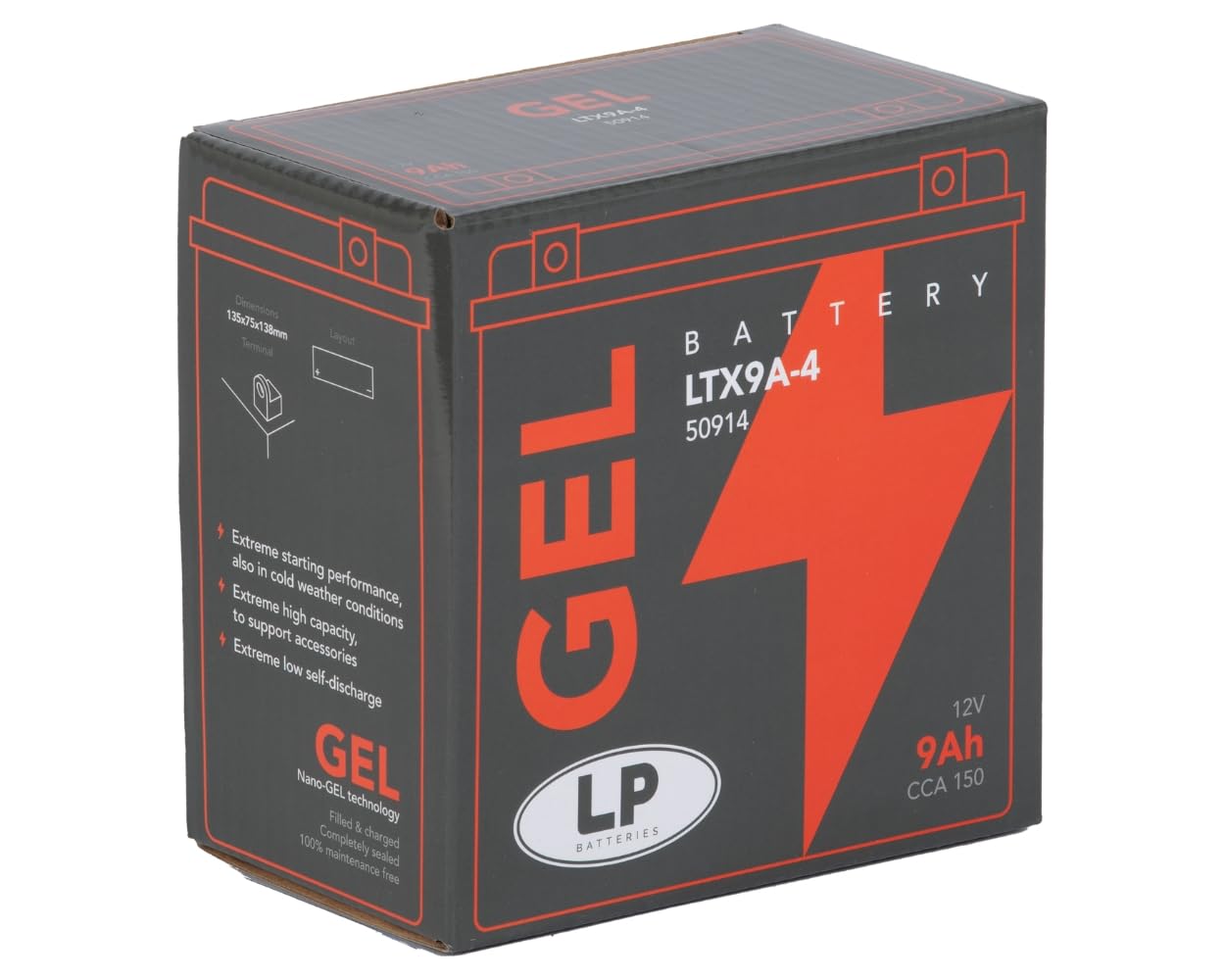Batterie gel pour scooter et moto GB9B (YB9-B Gel) DIN50914 | LTX9A-4, YB9-B, 150 A CCA; compatible avec Aprilia RS 125 Extrema, compatible avec Ducati Monster, compatible avec Honda CB