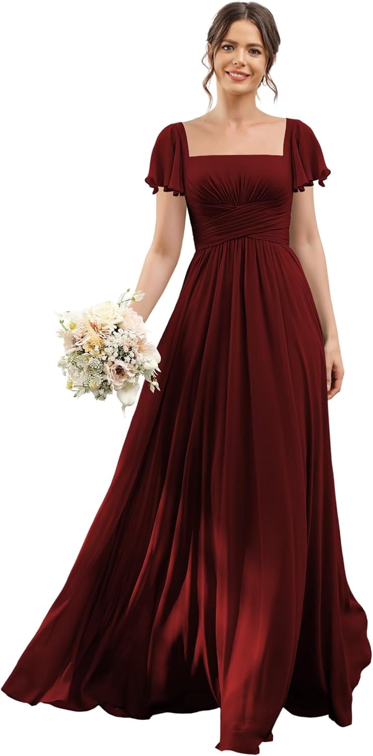 YMSHA Short Sleeves Chiffon Bridesmaid Dresses with Slit Long A Line Square Neck Formal Party Dress with Pockets CLN012
