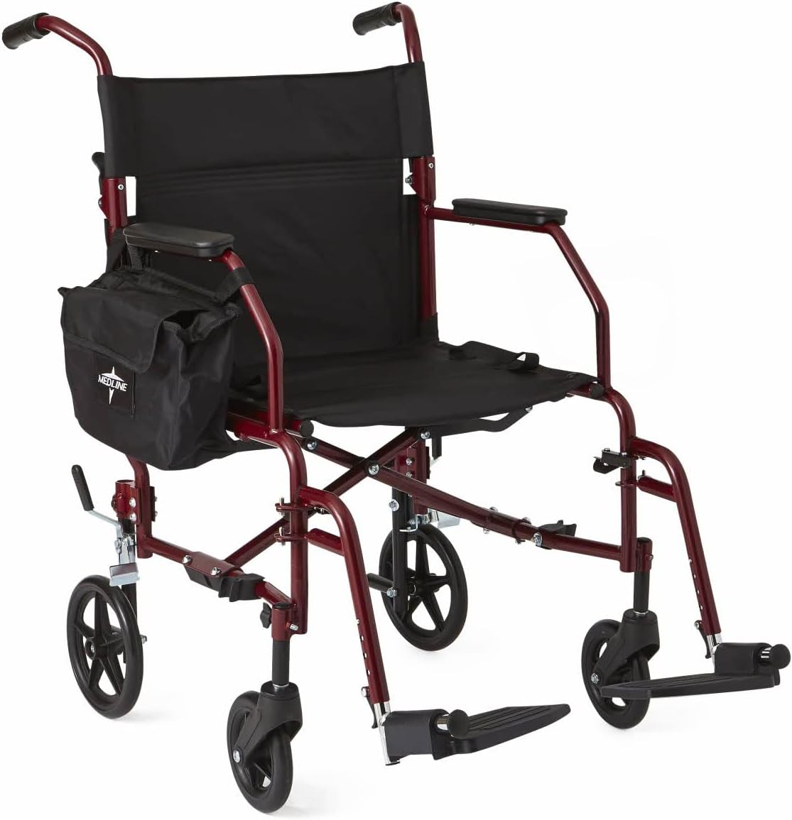 Lightweight Steel Transport Chair, Folding Chair is Portable, Large 8in Back Wheels, 19in Wide Seat, Red