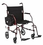 Medline Lightweight Steel Transport Chair, Folding Chair is Portable, Large 8in Back Wheels, 19in Wide Seat, Red